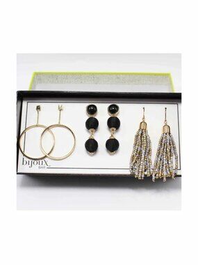 Bijoux Bar 3 Pair Dangle Earrings-Gold Black Tan Tassels Hoops Balls In Box m657